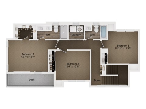 A floor plan of a house with three bedrooms, a bathroom, a laundry room, a deck, and a downstairs area.
